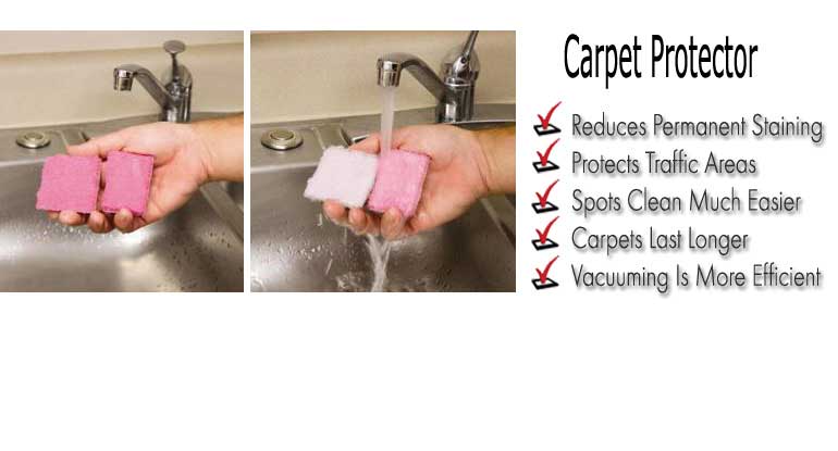<div class='alignleft'><h3>Carpet Protector</h3><span class='desc'>Amazing Benefits!</span></div><p>The two carpet samples on the left have been soaked in cherry soft drink, one of them has been treated with our carpet stain blocker protector. On the right the same two samples have been run under plain water. As you can see the benefits of the protector are amazingly obvious. </p>
